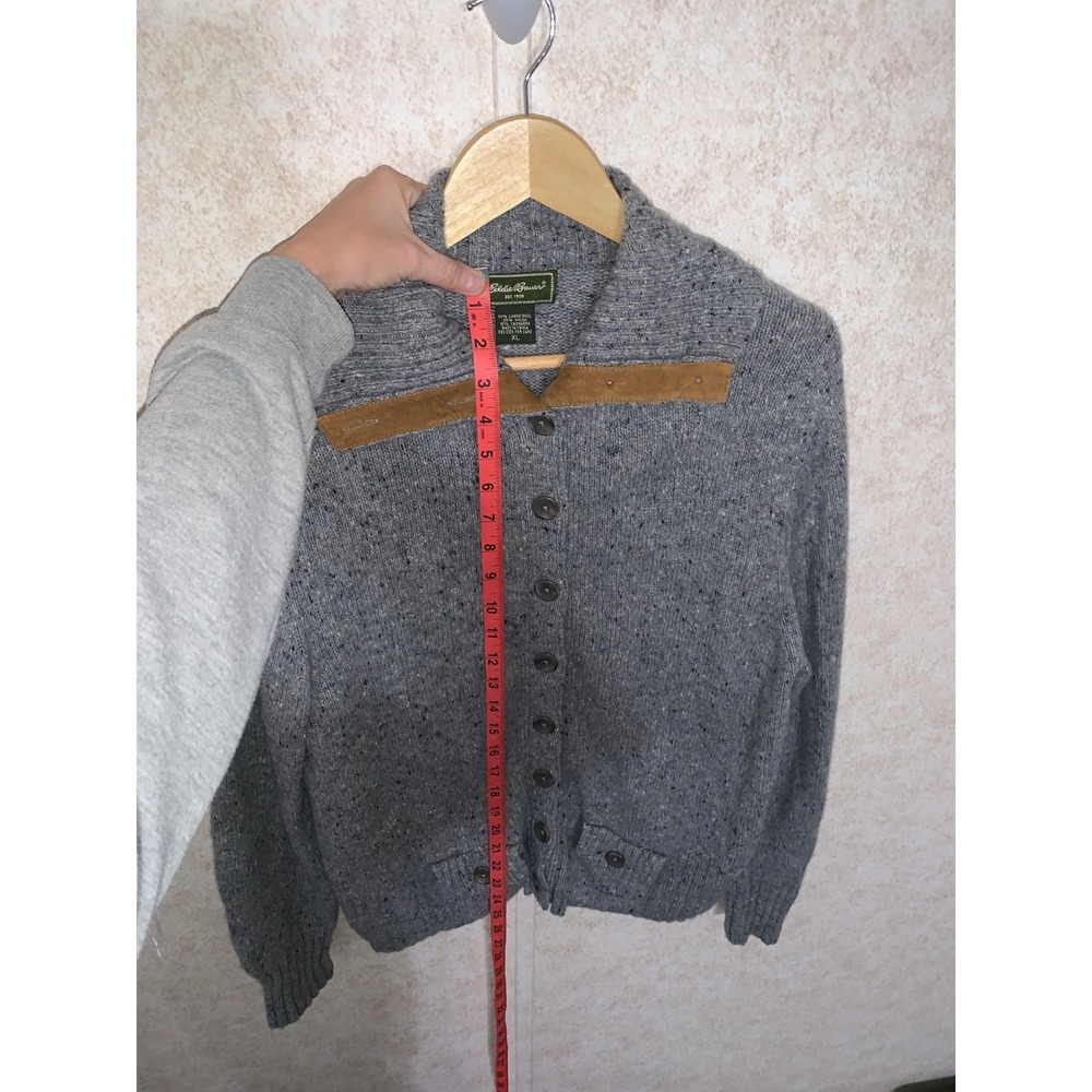 Eddie Bauer Mens XL Gray Lambswool Cashmere Donegal Cardigan Sweater Suede Trim - Picture 6 of 15